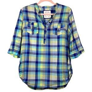 CATO Blue Green Plaid 3/4 Sleeve Button Down Shirt Medium